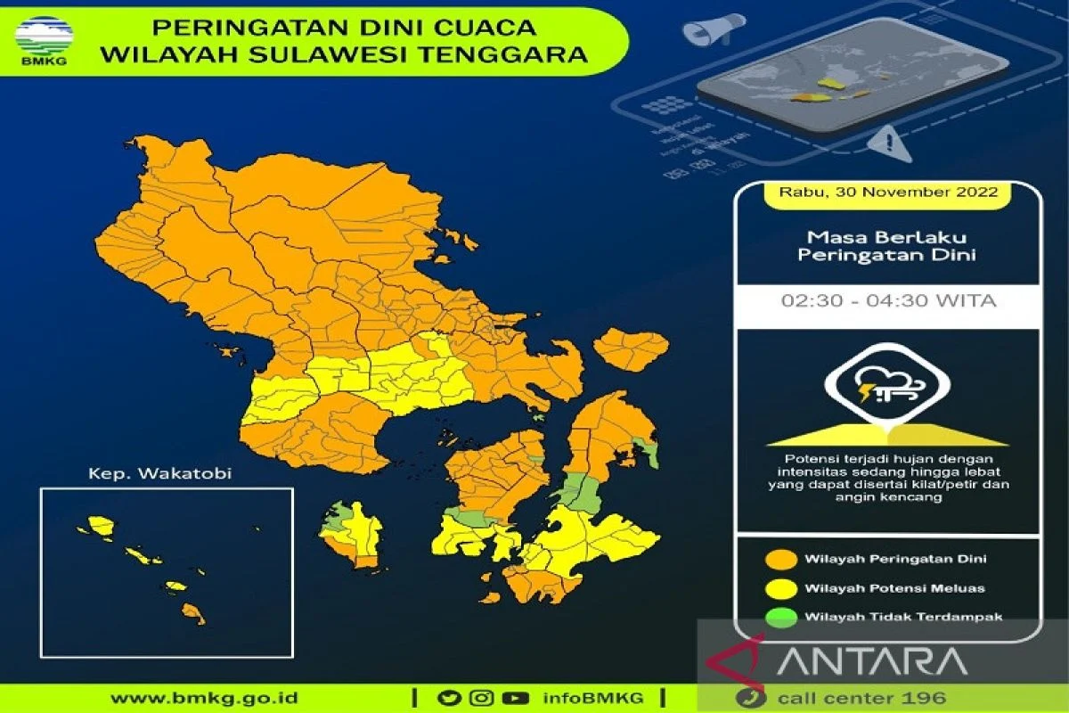 BMKG: Waspada hujan sedang hingga lebat di wilayah Sulawesi Tenggara hari ini