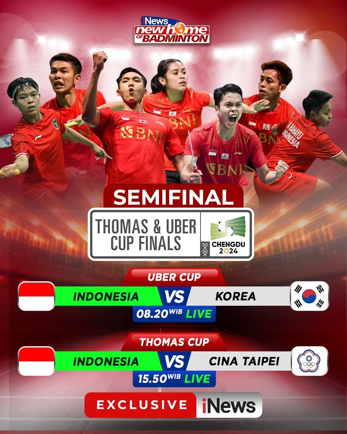Jadwal Semifinal Piala Uber 2026: Indonesia vs Korea, China vs Jepang