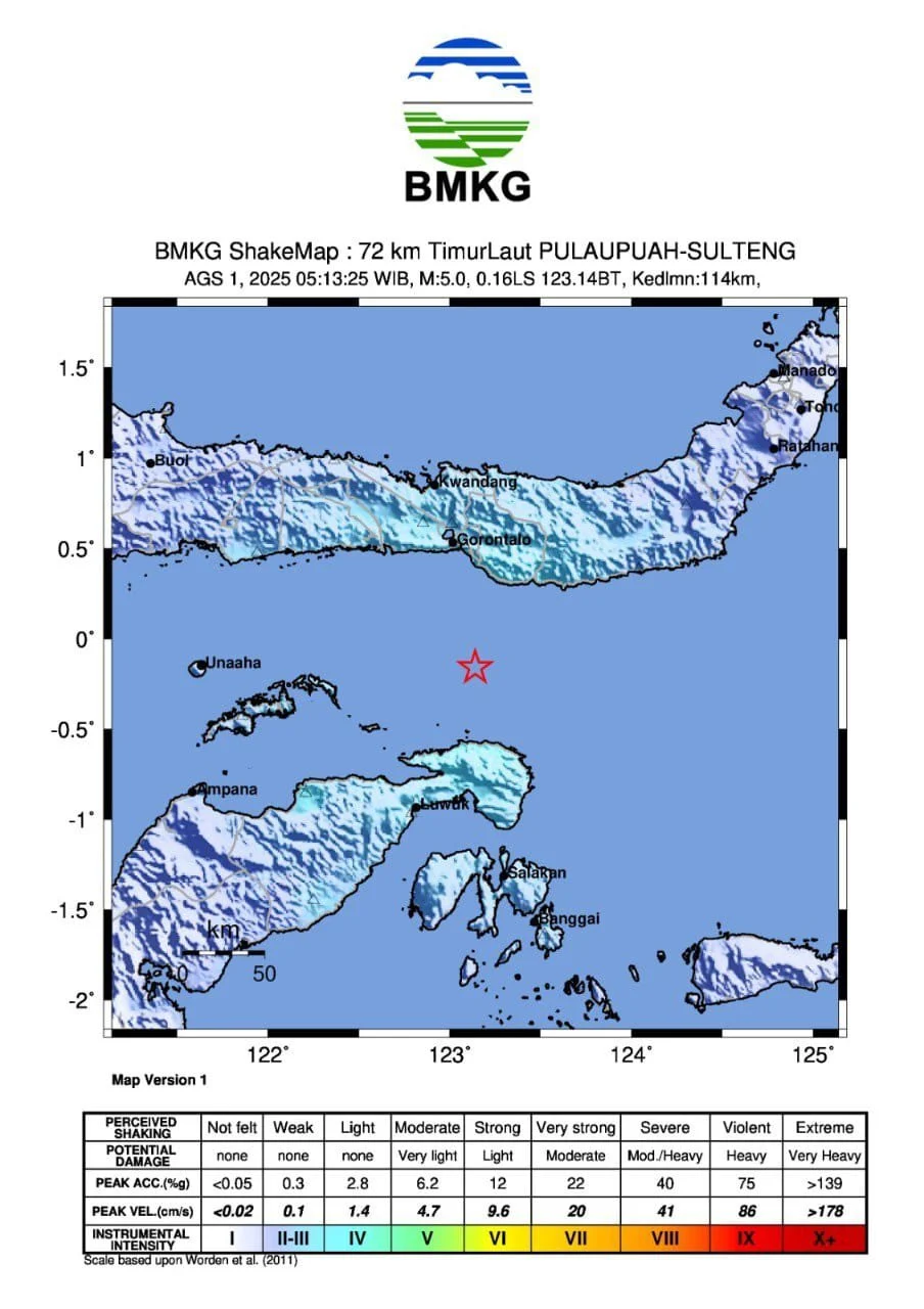 Gempa M5,4 Guncang Banggai, Sulawesi Tengah pada Jumat Pagi