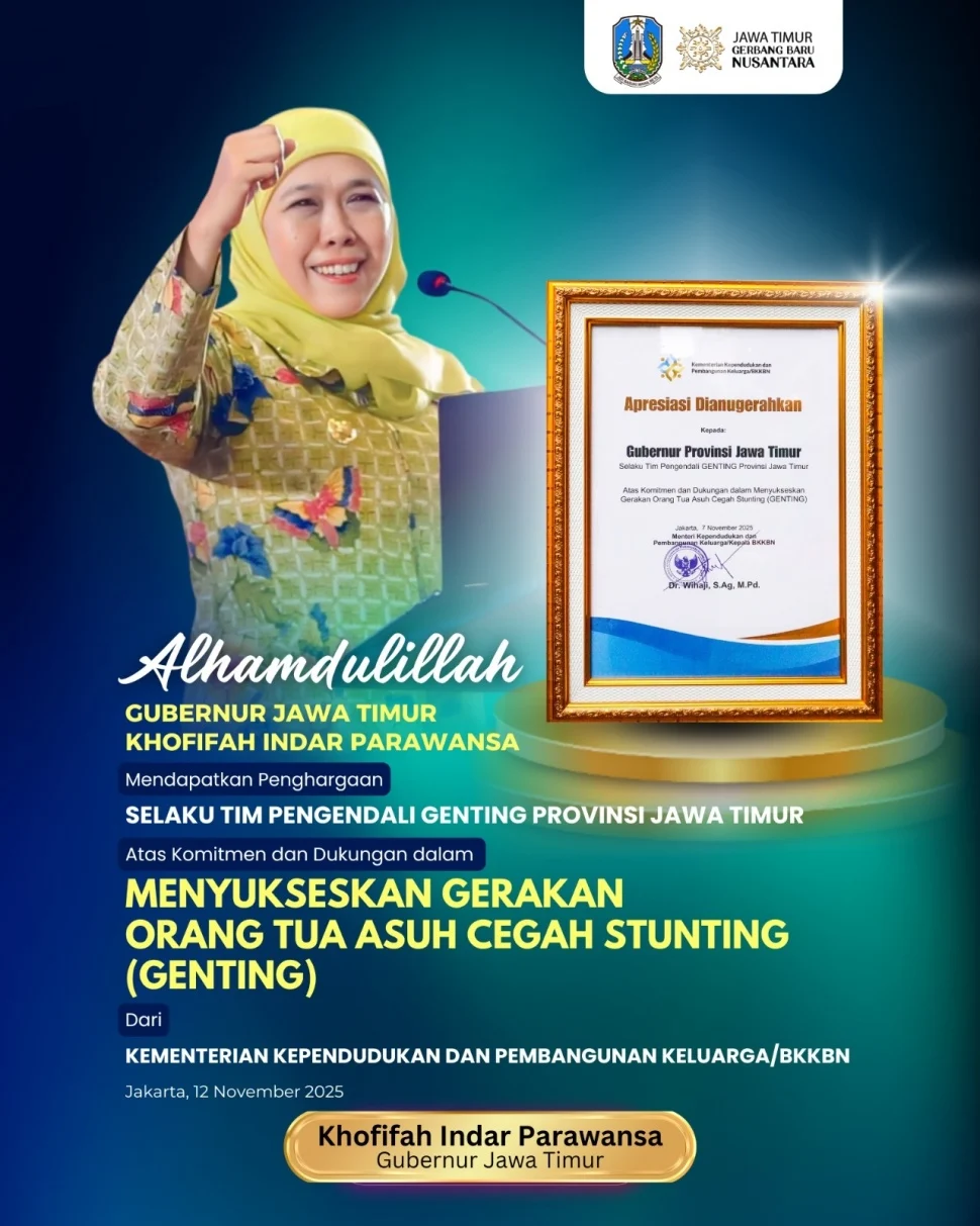 Prevalensi Stunting di Jawa Timur Turun ke 14,7%, Gubernur Khofifah Raih Penghargaan Ahli Gizi